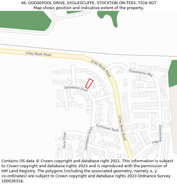 46, GOOSEPOOL DRIVE, EAGLESCLIFFE, STOCKTON-ON-TEES, TS16 0GT: Location map and indicative extent of plot