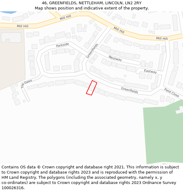 46, GREENFIELDS, NETTLEHAM, LINCOLN, LN2 2RY: Location map and indicative extent of plot