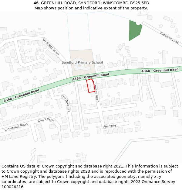 46, GREENHILL ROAD, SANDFORD, WINSCOMBE, BS25 5PB: Location map and indicative extent of plot