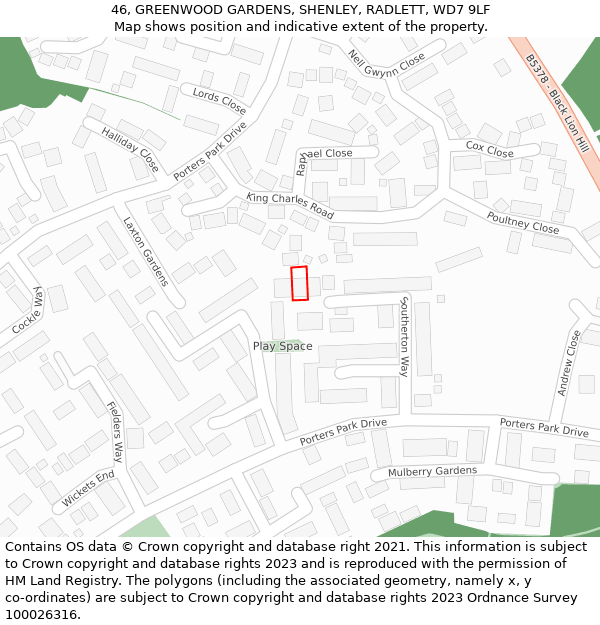 46, GREENWOOD GARDENS, SHENLEY, RADLETT, WD7 9LF: Location map and indicative extent of plot