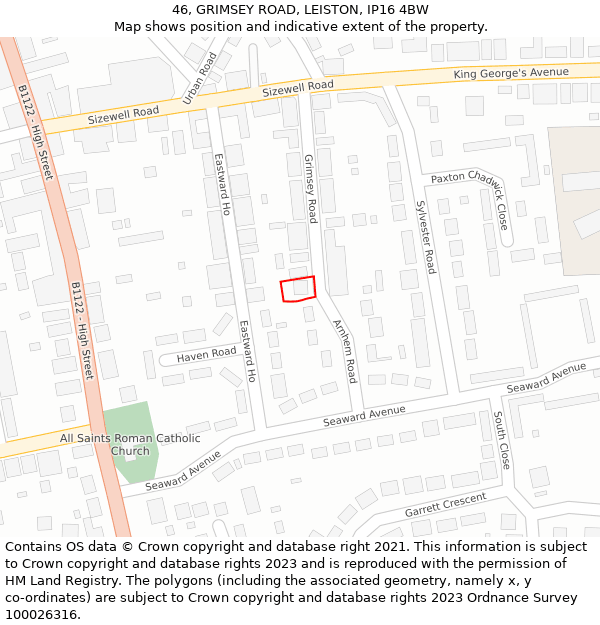 46, GRIMSEY ROAD, LEISTON, IP16 4BW: Location map and indicative extent of plot