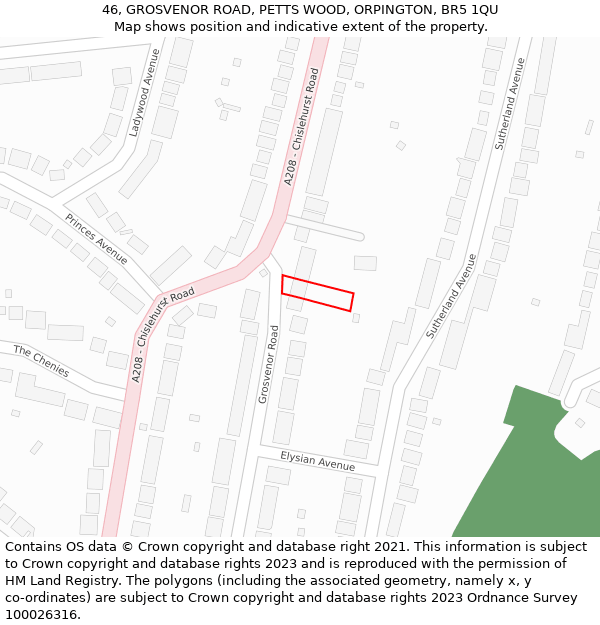 46, GROSVENOR ROAD, PETTS WOOD, ORPINGTON, BR5 1QU: Location map and indicative extent of plot