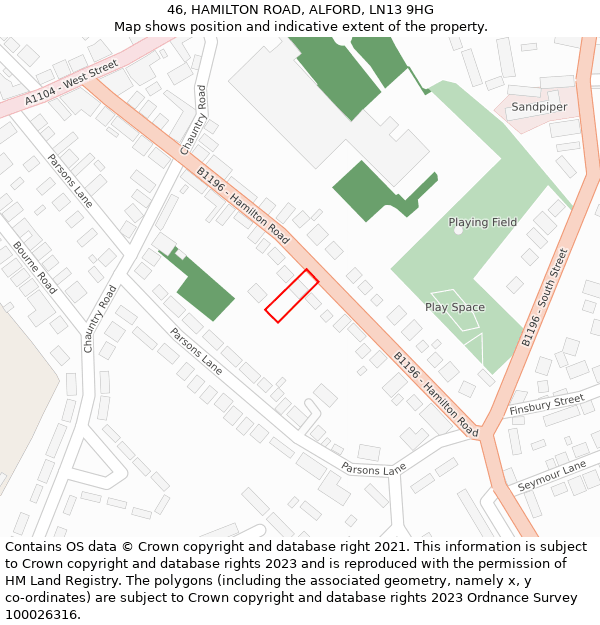 46, HAMILTON ROAD, ALFORD, LN13 9HG: Location map and indicative extent of plot