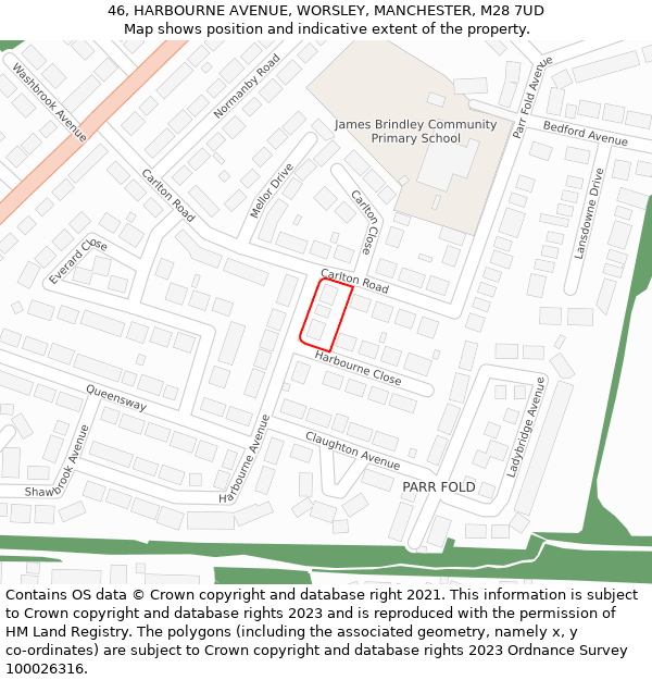 46, HARBOURNE AVENUE, WORSLEY, MANCHESTER, M28 7UD: Location map and indicative extent of plot