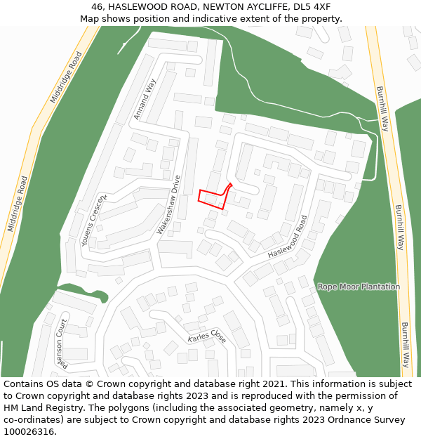 46, HASLEWOOD ROAD, NEWTON AYCLIFFE, DL5 4XF: Location map and indicative extent of plot