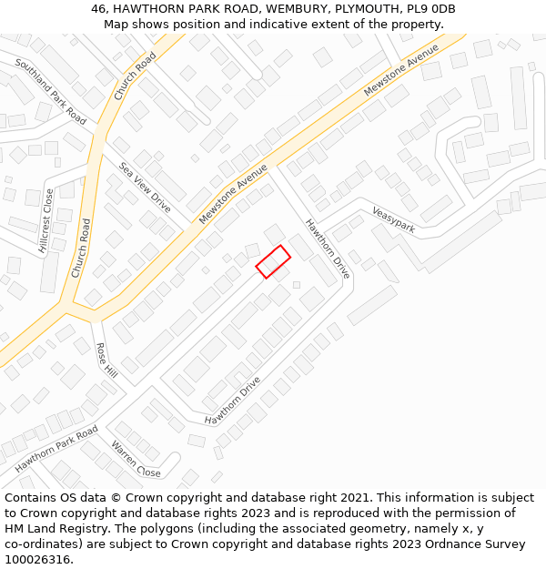 46, HAWTHORN PARK ROAD, WEMBURY, PLYMOUTH, PL9 0DB: Location map and indicative extent of plot