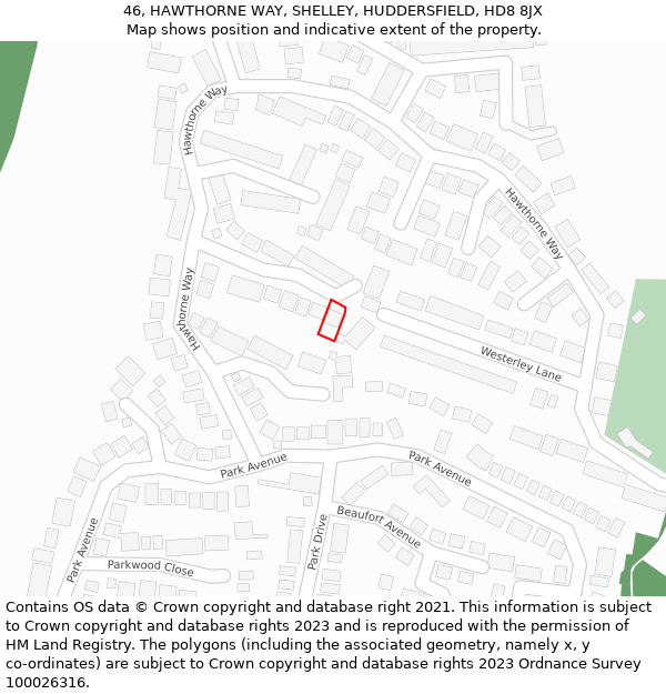 46, HAWTHORNE WAY, SHELLEY, HUDDERSFIELD, HD8 8JX: Location map and indicative extent of plot