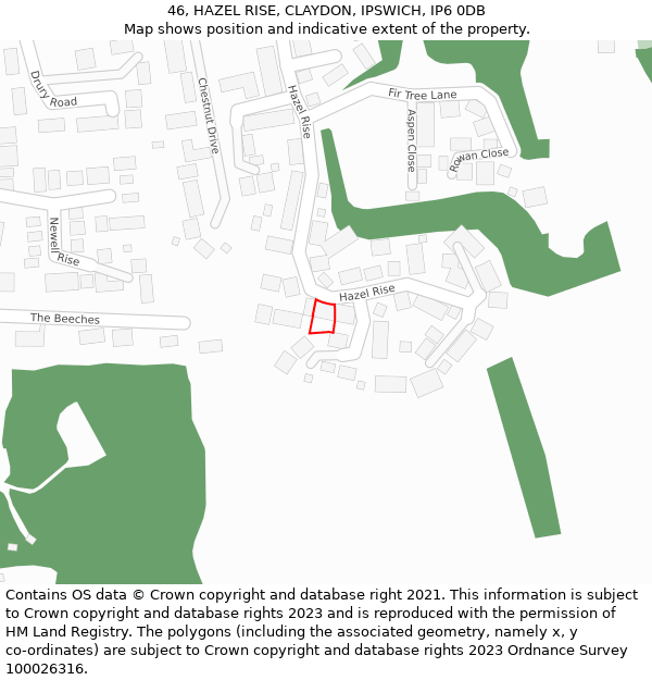 46, HAZEL RISE, CLAYDON, IPSWICH, IP6 0DB: Location map and indicative extent of plot