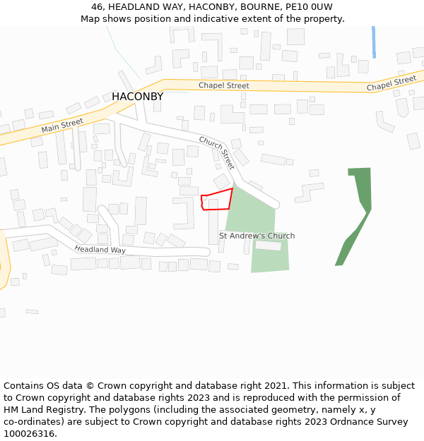 46, HEADLAND WAY, HACONBY, BOURNE, PE10 0UW: Location map and indicative extent of plot