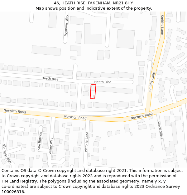 46, HEATH RISE, FAKENHAM, NR21 8HY: Location map and indicative extent of plot