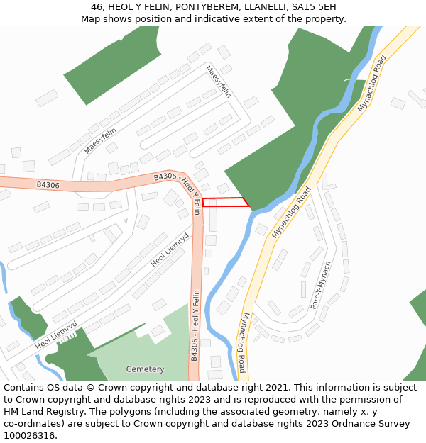 46, HEOL Y FELIN, PONTYBEREM, LLANELLI, SA15 5EH: Location map and indicative extent of plot