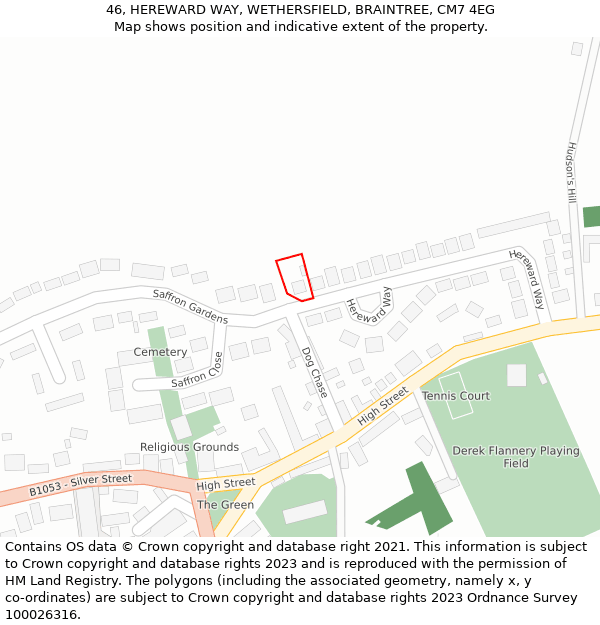 46, HEREWARD WAY, WETHERSFIELD, BRAINTREE, CM7 4EG: Location map and indicative extent of plot