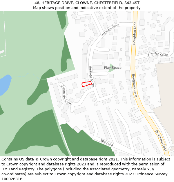 46, HERITAGE DRIVE, CLOWNE, CHESTERFIELD, S43 4ST: Location map and indicative extent of plot