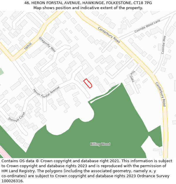 46, HERON FORSTAL AVENUE, HAWKINGE, FOLKESTONE, CT18 7PG: Location map and indicative extent of plot