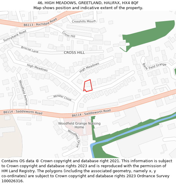 46, HIGH MEADOWS, GREETLAND, HALIFAX, HX4 8QF: Location map and indicative extent of plot