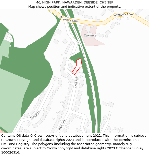 46, HIGH PARK, HAWARDEN, DEESIDE, CH5 3EF: Location map and indicative extent of plot