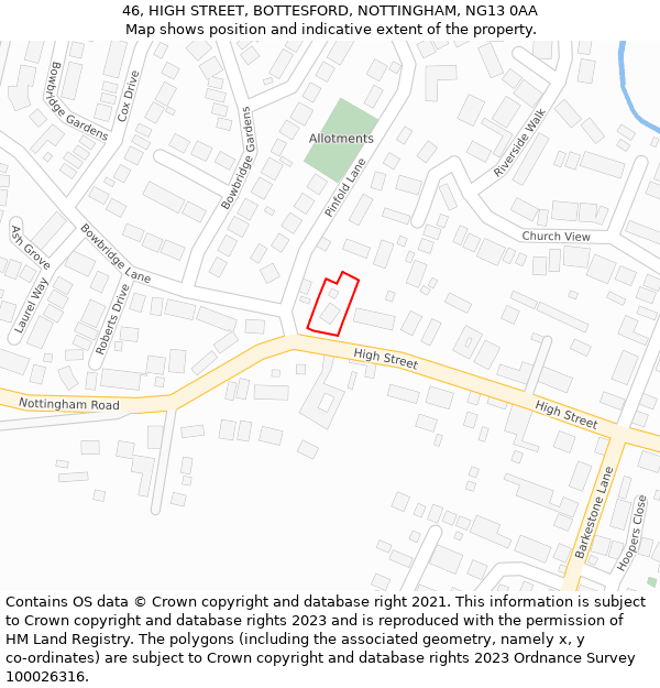 46, HIGH STREET, BOTTESFORD, NOTTINGHAM, NG13 0AA: Location map and indicative extent of plot