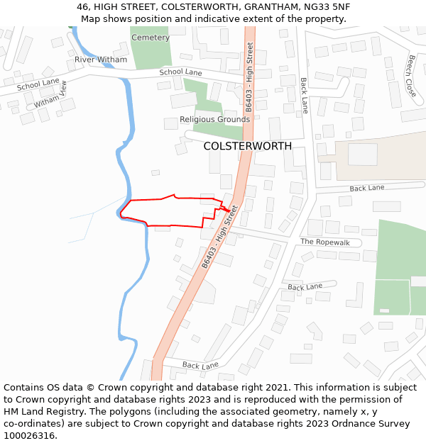 46, HIGH STREET, COLSTERWORTH, GRANTHAM, NG33 5NF: Location map and indicative extent of plot