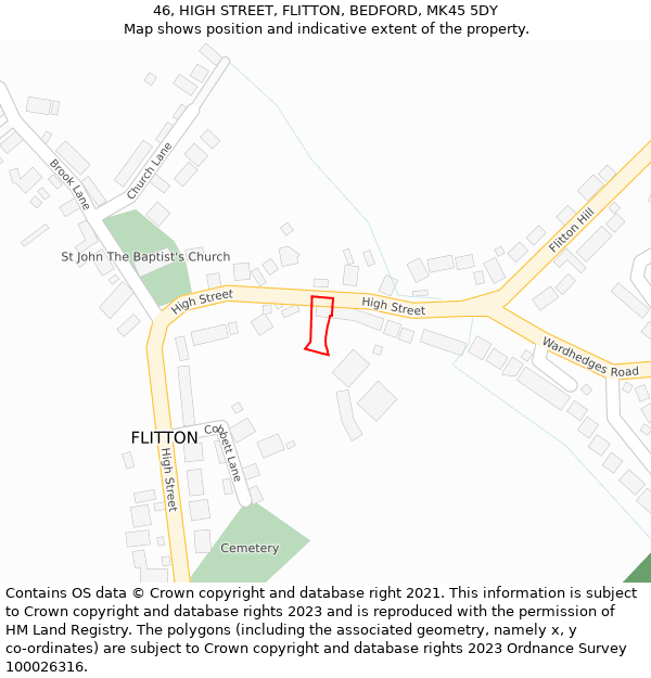 46, HIGH STREET, FLITTON, BEDFORD, MK45 5DY: Location map and indicative extent of plot