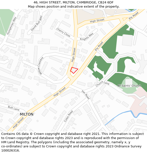 46, HIGH STREET, MILTON, CAMBRIDGE, CB24 6DF: Location map and indicative extent of plot