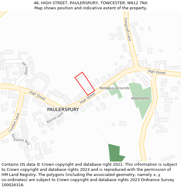46, HIGH STREET, PAULERSPURY, TOWCESTER, NN12 7NA: Location map and indicative extent of plot