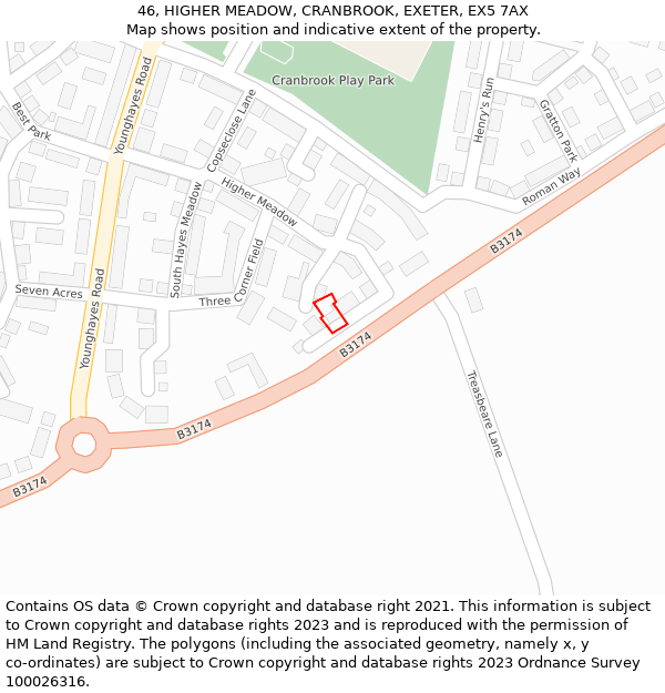 46, HIGHER MEADOW, CRANBROOK, EXETER, EX5 7AX: Location map and indicative extent of plot