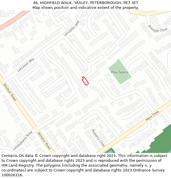 46, HIGHFIELD WALK, YAXLEY, PETERBOROUGH, PE7 3ET: Location map and indicative extent of plot