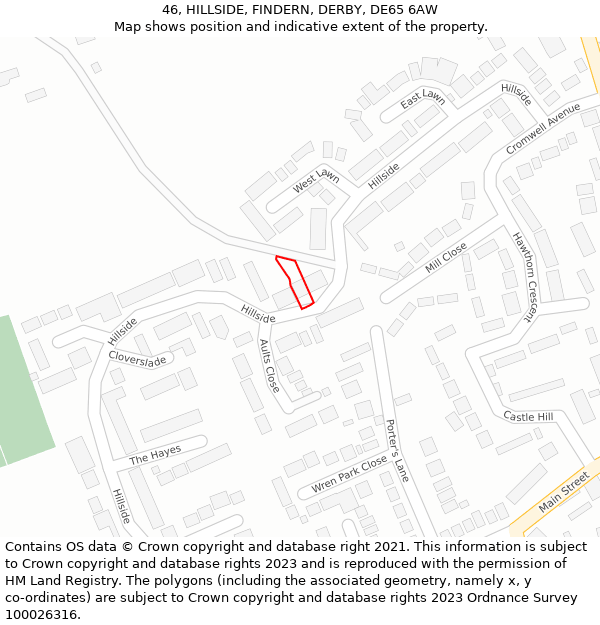 46, HILLSIDE, FINDERN, DERBY, DE65 6AW: Location map and indicative extent of plot