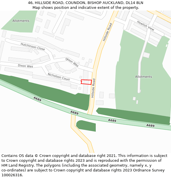 46, HILLSIDE ROAD, COUNDON, BISHOP AUCKLAND, DL14 8LN: Location map and indicative extent of plot