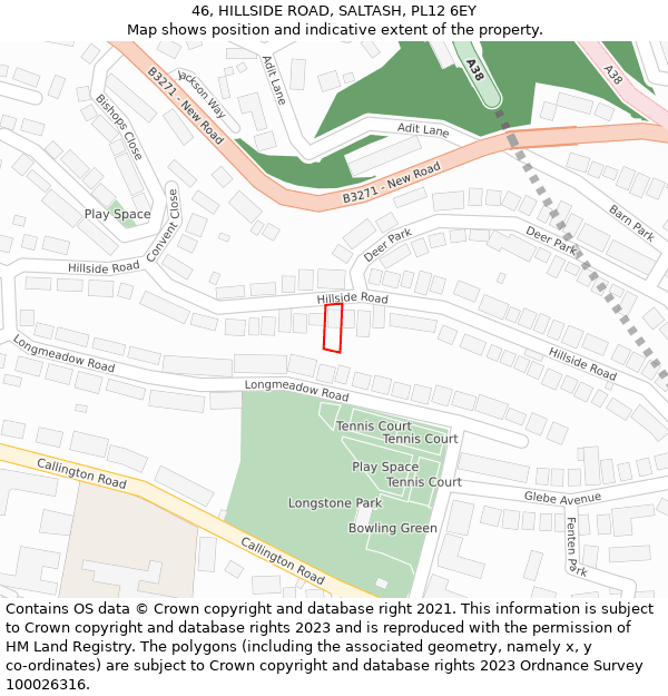 46, HILLSIDE ROAD, SALTASH, PL12 6EY: Location map and indicative extent of plot