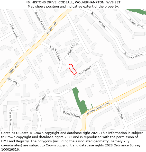 46, HISTONS DRIVE, CODSALL, WOLVERHAMPTON, WV8 2ET: Location map and indicative extent of plot