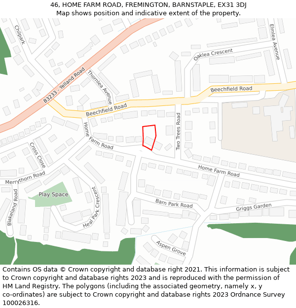 46, HOME FARM ROAD, FREMINGTON, BARNSTAPLE, EX31 3DJ: Location map and indicative extent of plot