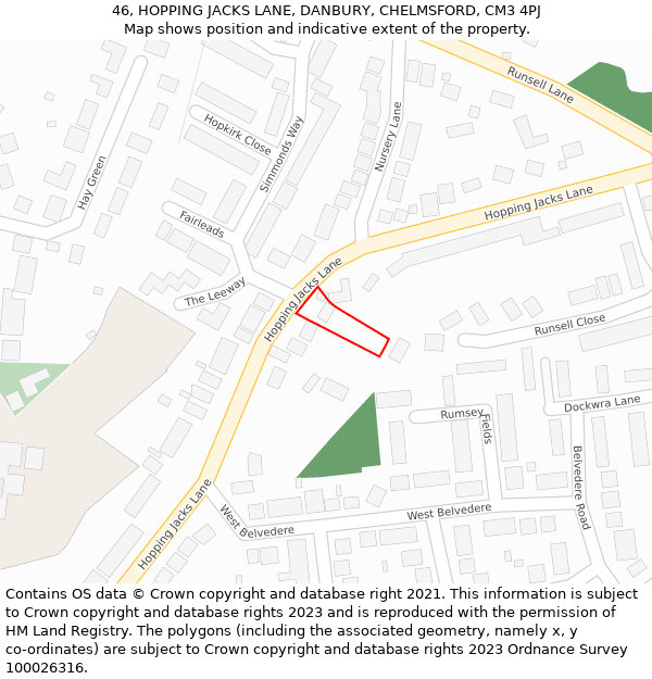 46, HOPPING JACKS LANE, DANBURY, CHELMSFORD, CM3 4PJ: Location map and indicative extent of plot