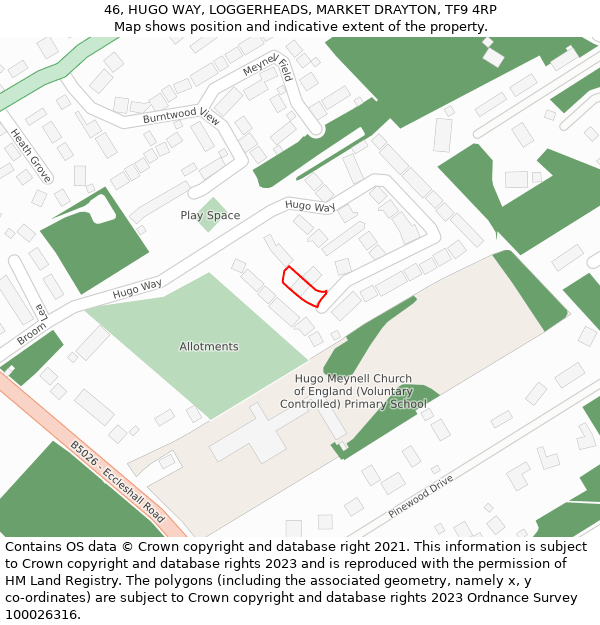 46, HUGO WAY, LOGGERHEADS, MARKET DRAYTON, TF9 4RP: Location map and indicative extent of plot