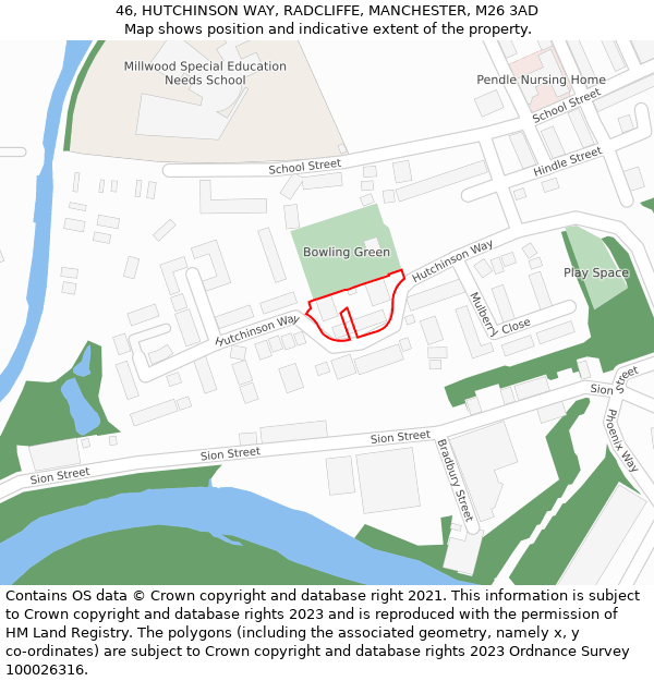 46, HUTCHINSON WAY, RADCLIFFE, MANCHESTER, M26 3AD: Location map and indicative extent of plot