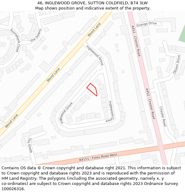 46, INGLEWOOD GROVE, SUTTON COLDFIELD, B74 3LW: Location map and indicative extent of plot