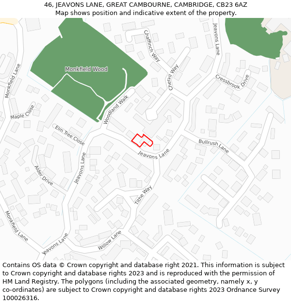 46, JEAVONS LANE, GREAT CAMBOURNE, CAMBRIDGE, CB23 6AZ: Location map and indicative extent of plot