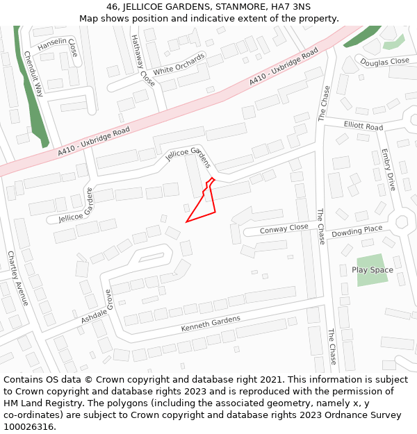 46, JELLICOE GARDENS, STANMORE, HA7 3NS: Location map and indicative extent of plot