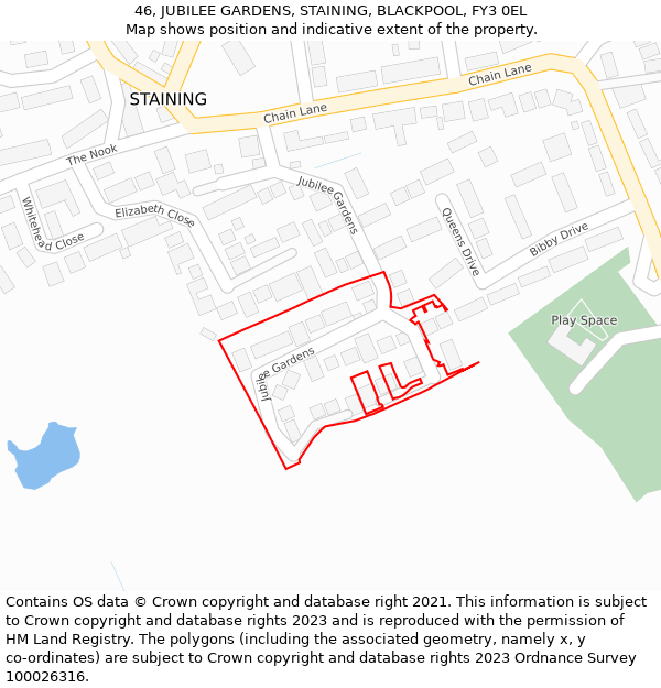 46, JUBILEE GARDENS, STAINING, BLACKPOOL, FY3 0EL: Location map and indicative extent of plot
