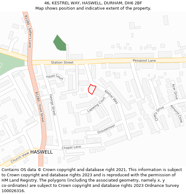 46, KESTREL WAY, HASWELL, DURHAM, DH6 2BF: Location map and indicative extent of plot