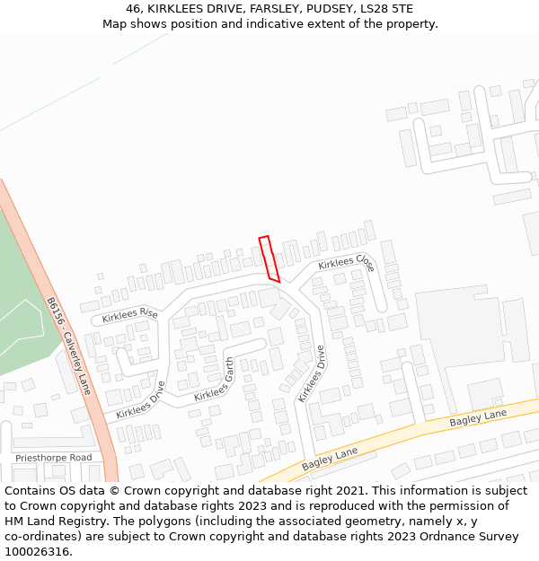 46, KIRKLEES DRIVE, FARSLEY, PUDSEY, LS28 5TE: Location map and indicative extent of plot