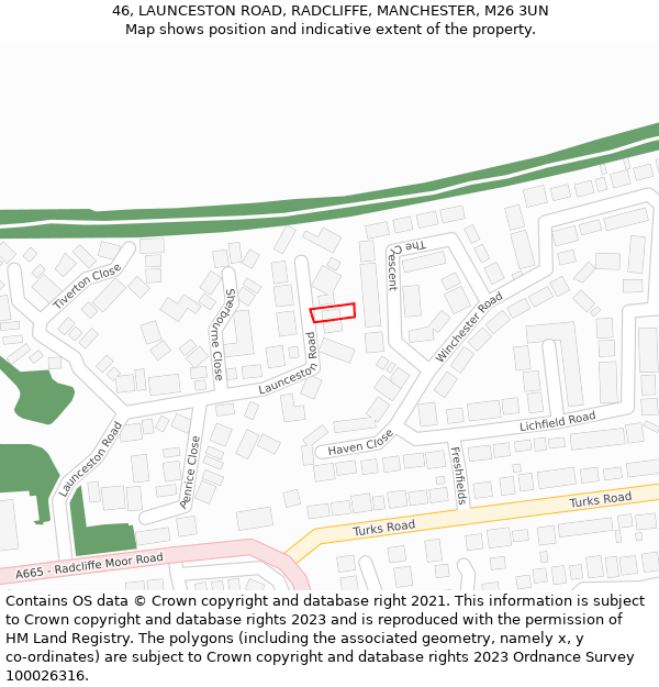 46, LAUNCESTON ROAD, RADCLIFFE, MANCHESTER, M26 3UN: Location map and indicative extent of plot