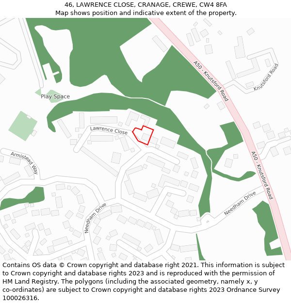 46, LAWRENCE CLOSE, CRANAGE, CREWE, CW4 8FA: Location map and indicative extent of plot