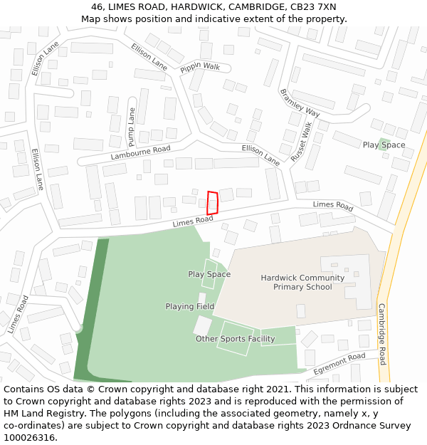 46, LIMES ROAD, HARDWICK, CAMBRIDGE, CB23 7XN: Location map and indicative extent of plot
