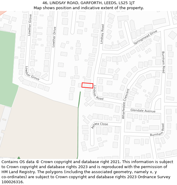 46, LINDSAY ROAD, GARFORTH, LEEDS, LS25 1JT: Location map and indicative extent of plot