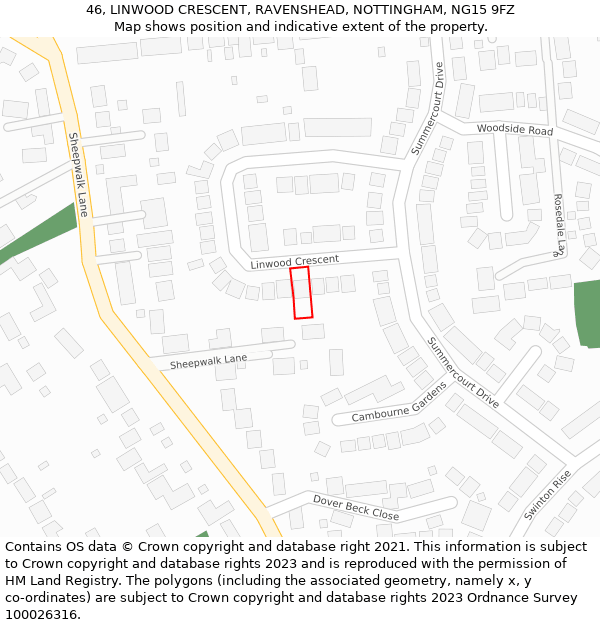 46, LINWOOD CRESCENT, RAVENSHEAD, NOTTINGHAM, NG15 9FZ: Location map and indicative extent of plot