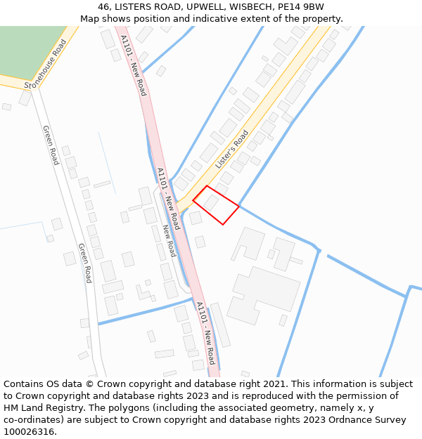 46, LISTERS ROAD, UPWELL, WISBECH, PE14 9BW: Location map and indicative extent of plot