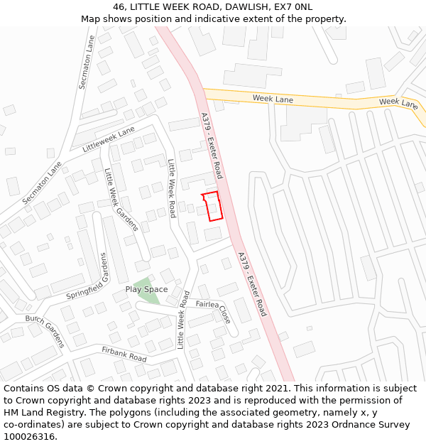 46, LITTLE WEEK ROAD, DAWLISH, EX7 0NL: Location map and indicative extent of plot