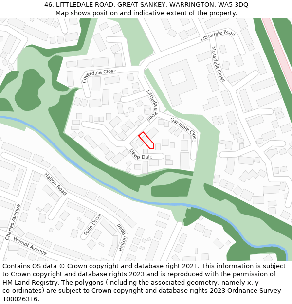 46, LITTLEDALE ROAD, GREAT SANKEY, WARRINGTON, WA5 3DQ: Location map and indicative extent of plot