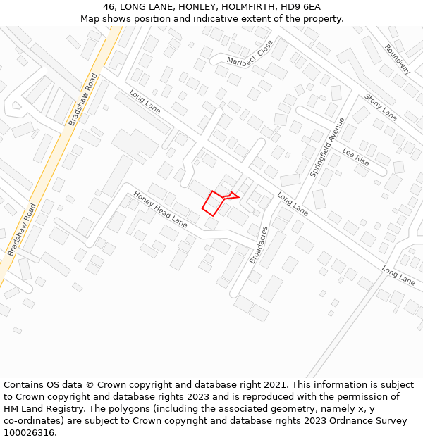 46, LONG LANE, HONLEY, HOLMFIRTH, HD9 6EA: Location map and indicative extent of plot
